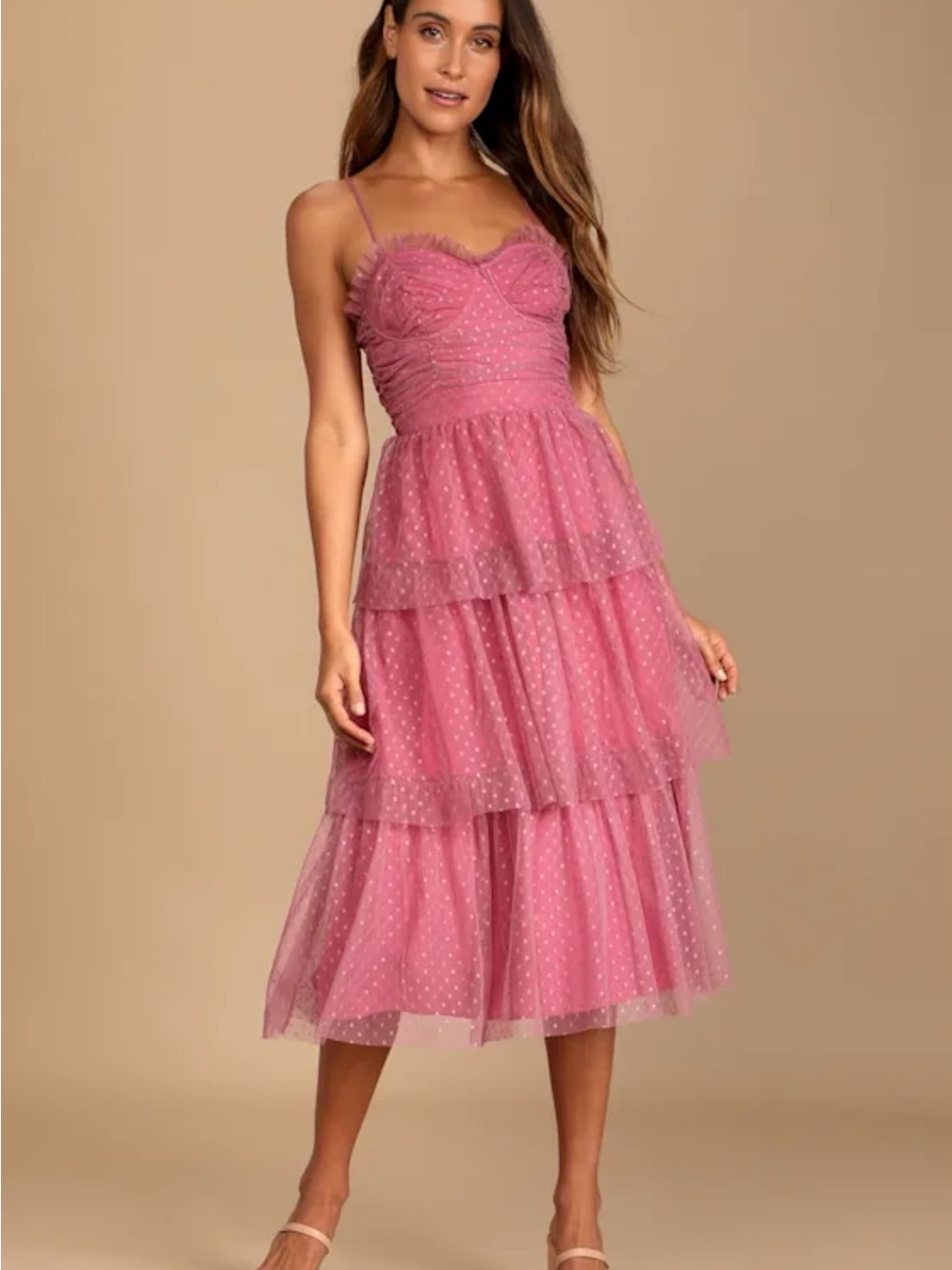 Sweetheart Style Mauve Polka Dot Bustier Tiered Midi Dress